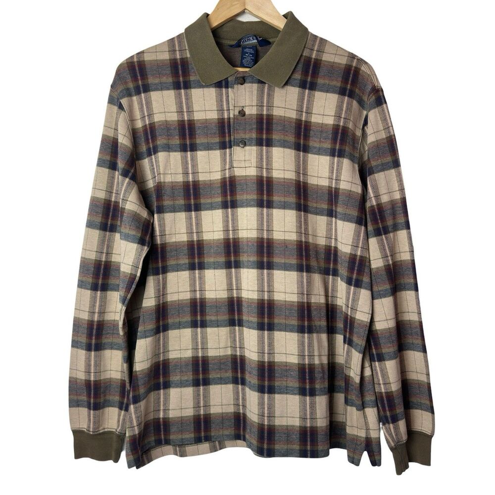 Vintage Lands End Men's Polo Shirt Plaid Large Rugby Long Sleeve Made USA